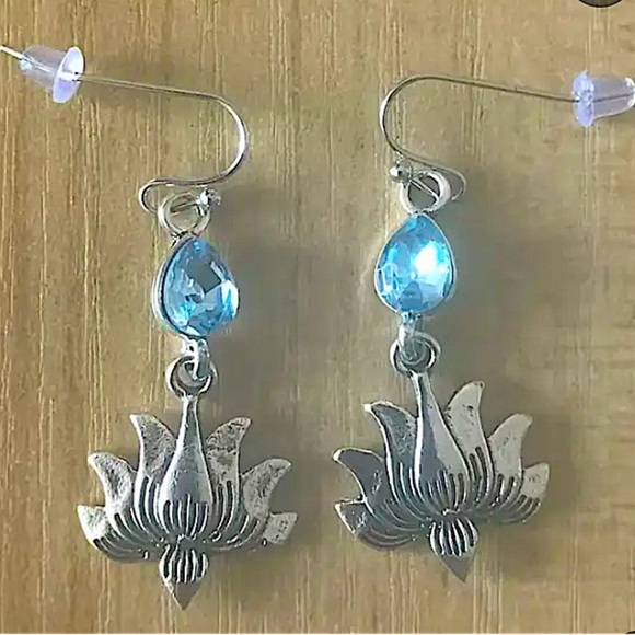 Silver Blue Topaz Lotus Dangle Earrings Dainty Flower Stone Hook Water Drop - Picture 6 of 6